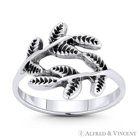 Olive Branch & Leaf Charm Stackable Bypass Ring in .925 Sterling Silver - Size 7 - Picture 1 of 1